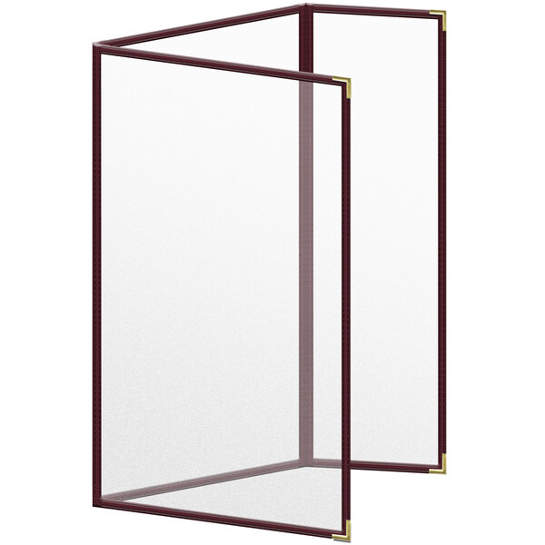 A white rectangular menu cover with a maroon border and gold corners.