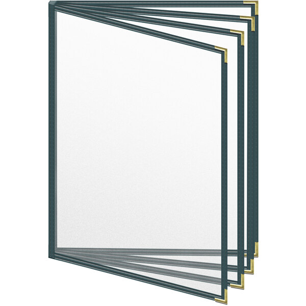 A stack of papers with a white menu cover and gold corners.