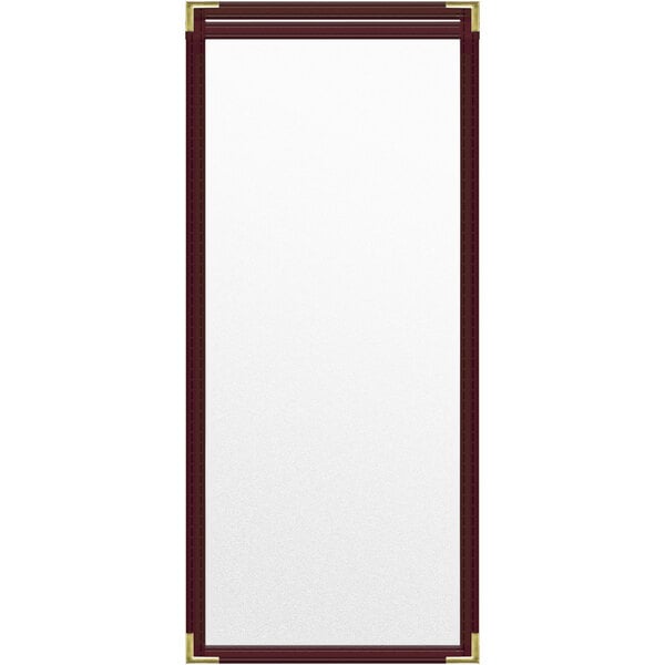 A rectangular maroon menu cover with a white surface and gold corners.