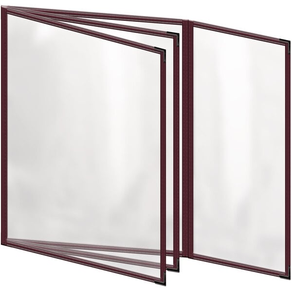 A close-up of a maroon rectangular menu cover with black smooth corners and a gloss finish.