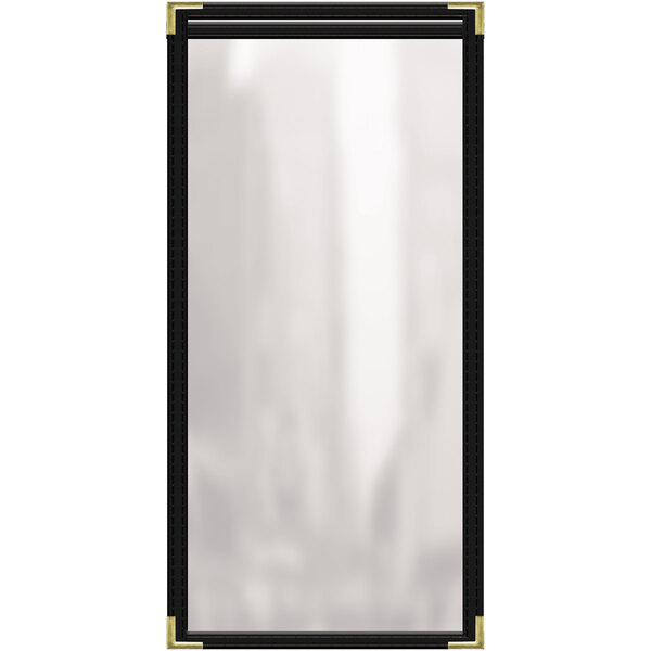 A rectangular black vinyl menu cover with gold corners and a gloss finish.
