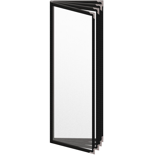 A black rectangular menu cover with black and silver corners and a matte finish.