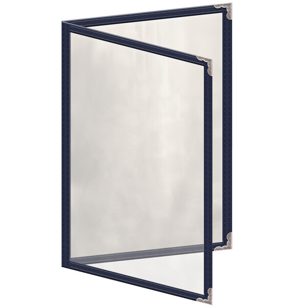A blue menu cover with silver corners and a silver frame.