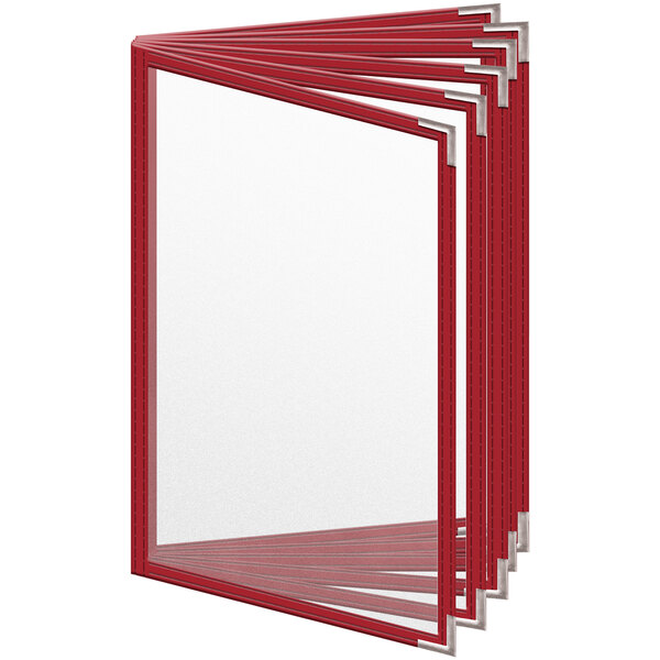 A red rectangular H. Risch, Inc. vinyl menu cover with silver corners and a matte finish.