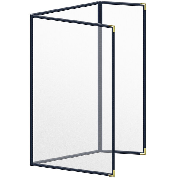 A white rectangular menu cover with a black and gold frame.