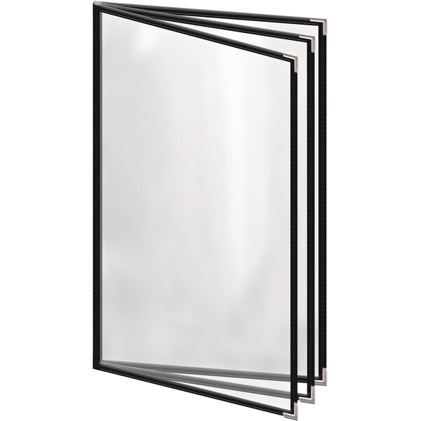 A black vinyl menu cover with silver corners and a gloss finish.