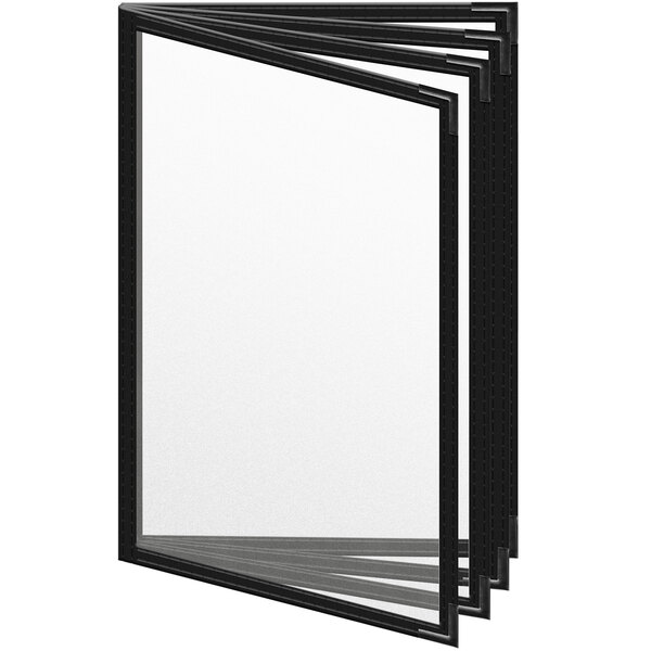 A black menu cover with black smooth corners and a matte finish with white rectangular sheets showing.