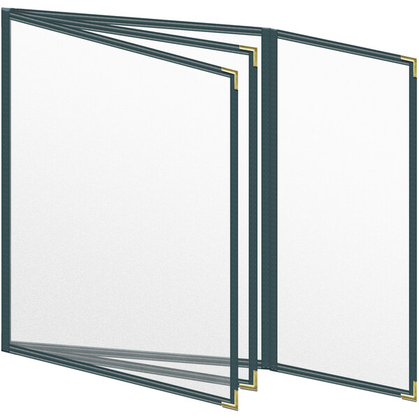 A close-up of a green rectangular menu cover with black and gold corners.