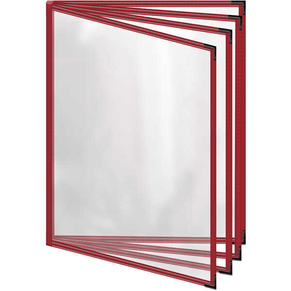 A red menu cover with black smooth corners and gloss finish with eight clear plastic pockets.