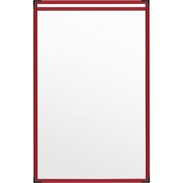 A white menu cover with red stitching.