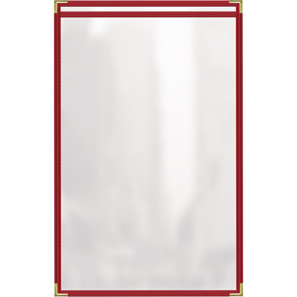 A red vinyl menu cover with white stitching and a gold frame.