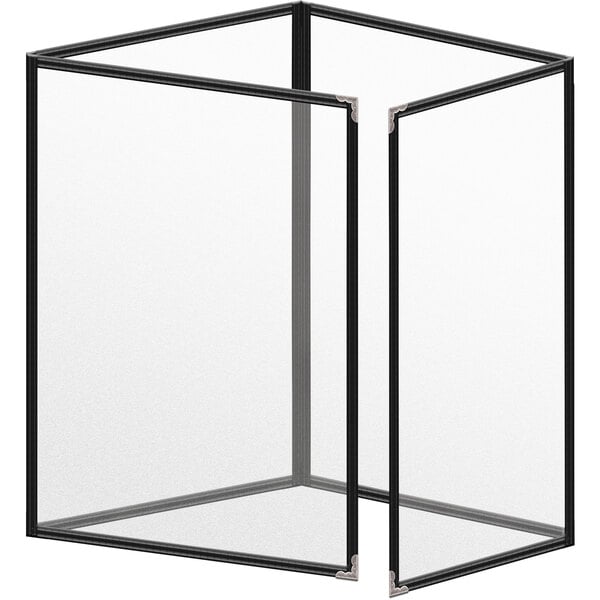 A black rectangular menu cover with a black matte finish and silver decorative corners.