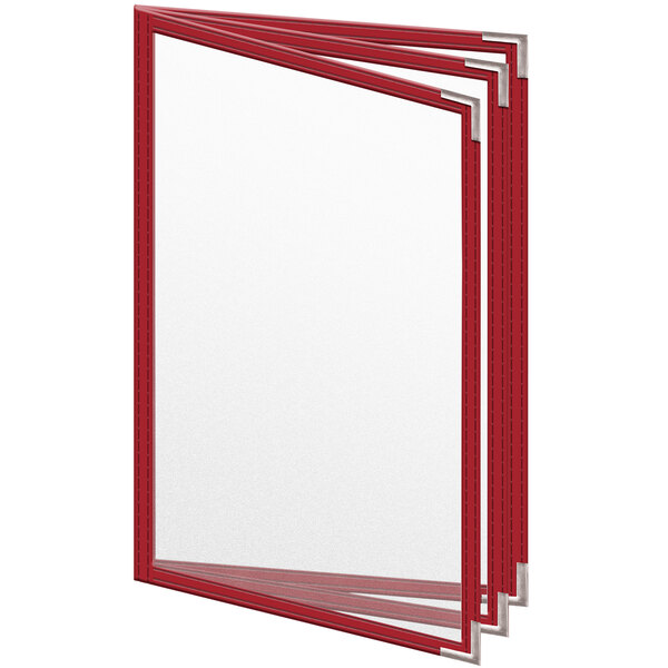 A red H. Risch, Inc. vinyl menu cover with silver corners and a matte finish holding white pages.