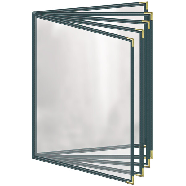 A green H. Risch, Inc. vinyl menu cover with gold smooth corners and a glossy finish containing 10 views.