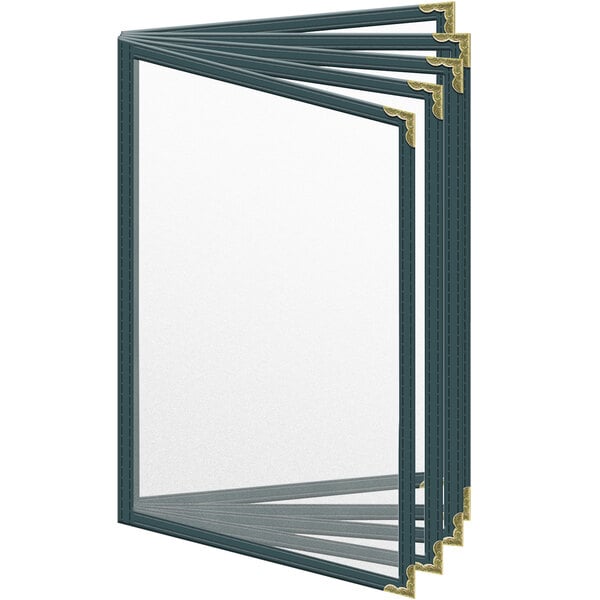 A green H. Risch, Inc. deluxe vinyl menu cover with gold decorative corners.