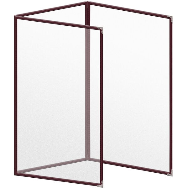 A white rectangular menu cover with a maroon border and silver decorative corners.