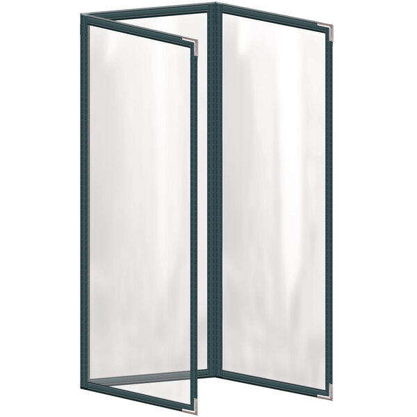 A green rectangular menu cover with black corners and a gloss finish.