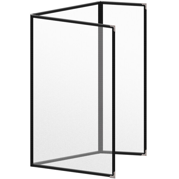 A white rectangular menu cover with a black border and silver metal corners.