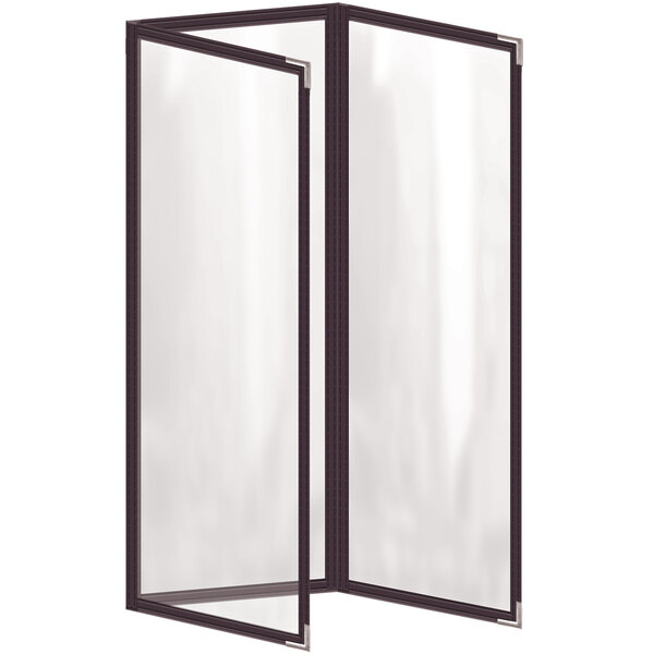 A brown rectangular vinyl menu cover with a black border and silver corners.