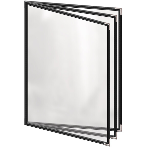 A stack of black rectangular vinyl menu covers with black and silver corners.