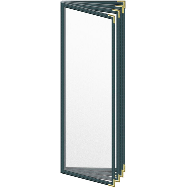 A green menu cover with gold corners and a black window.