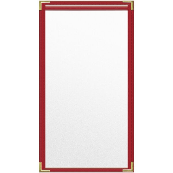 A white board with red stitching and gold corners.