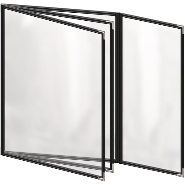 A black vinyl menu cover with silver smooth corners and a gloss finish with white menus showing inside.