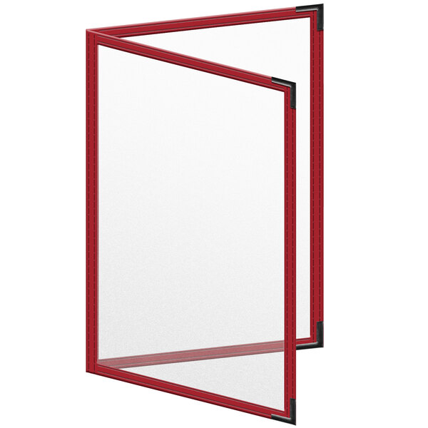A red frame with black corners and a matte finish holding a white menu.