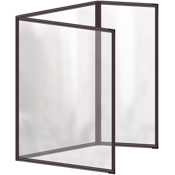 A H. Risch, Inc. brown menu cover with black smooth corners and glossy finish on a clear glass screen with black trim.