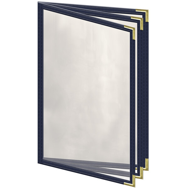 A blue H. Risch, Inc. menu cover with gold trim and smooth corners.