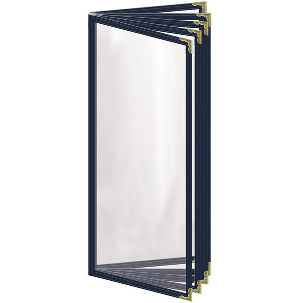 A close-up of a H. Risch, Inc. blue vinyl menu cover with gold decorative corners.