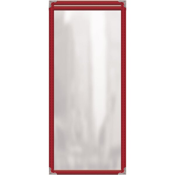 A red rectangular menu cover with silver decorative corners.