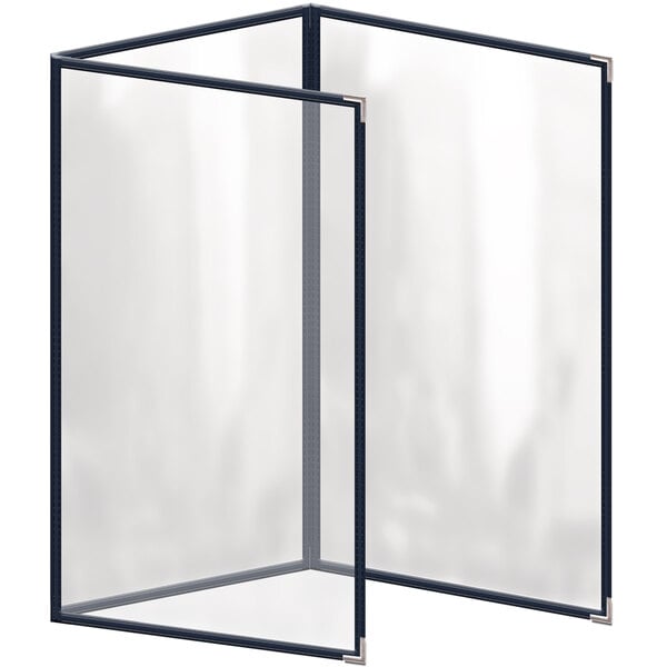 A blue rectangular vinyl menu cover with silver corners and a gloss finish.