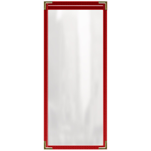 A rectangular red frame with gold corners on a white background.