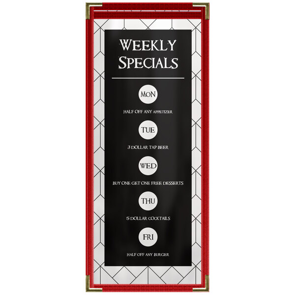 A red H. Risch, Inc. TES Deluxe vinyl menu cover with gold decorative corners on a white background.