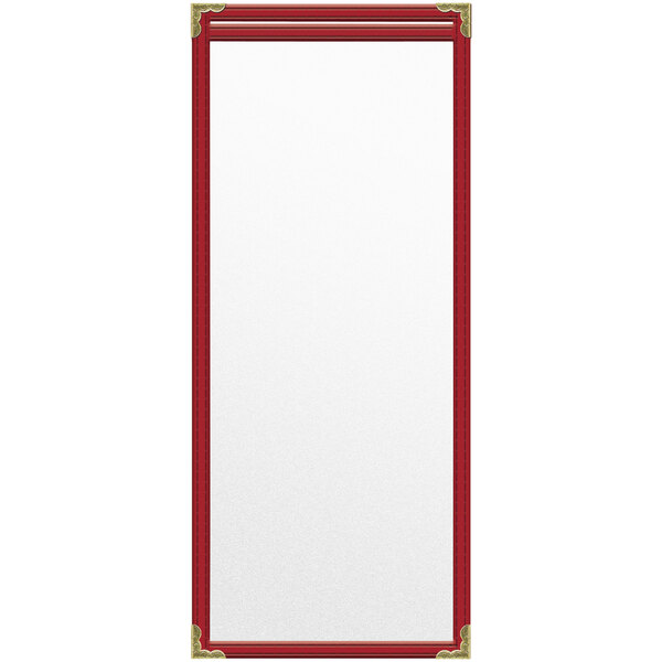 A white rectangular menu cover with red and gold corners.