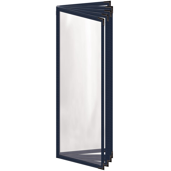 A white rectangular menu cover with a blue border and black corners.