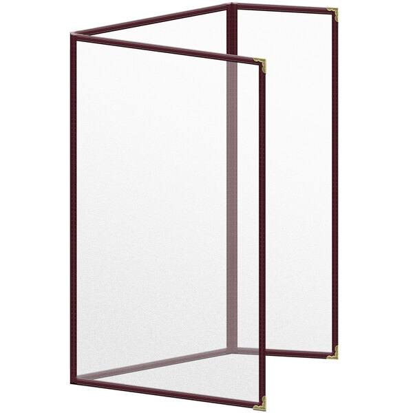 A maroon rectangular menu cover with gold decorative corners.
