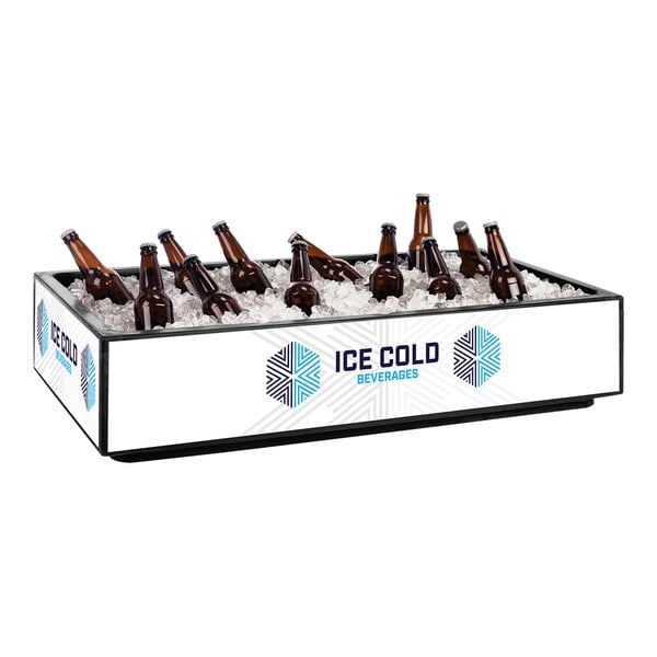 A black IRP countertop cooler filled with ice and brown bottles of beer.