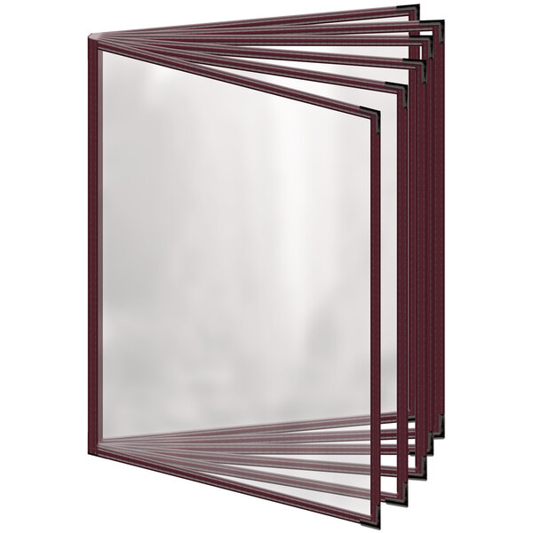 A maroon H. Risch, Inc. deluxe sewn vinyl menu cover with black corners and gloss finish.