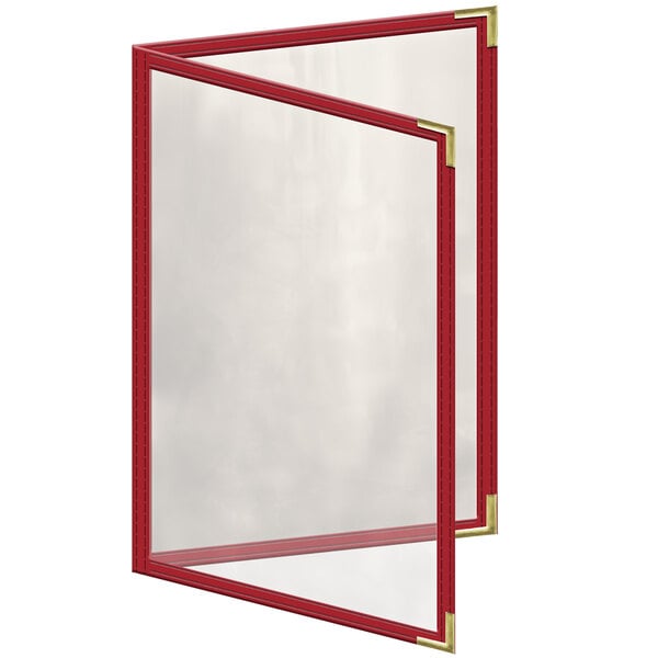 A red menu cover with gold corners and a gloss finish with white background.