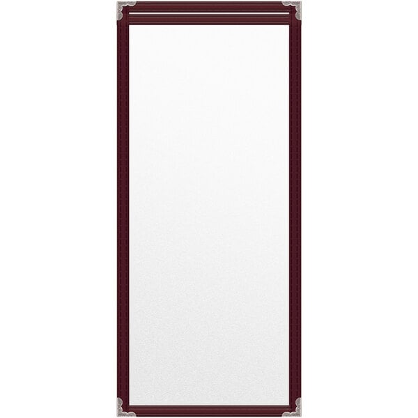 A maroon rectangular vinyl menu cover with silver decorative corners.