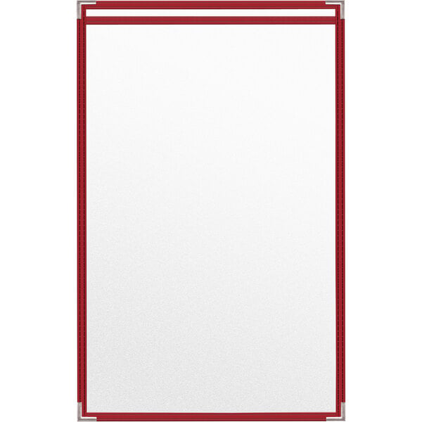 A red vinyl menu cover with silver corners and a matte finish with white trim around the menu pages.