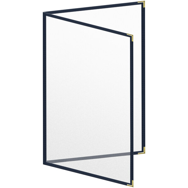 A blue menu cover with gold smooth corners and a matte finish with a white paper menu inside.