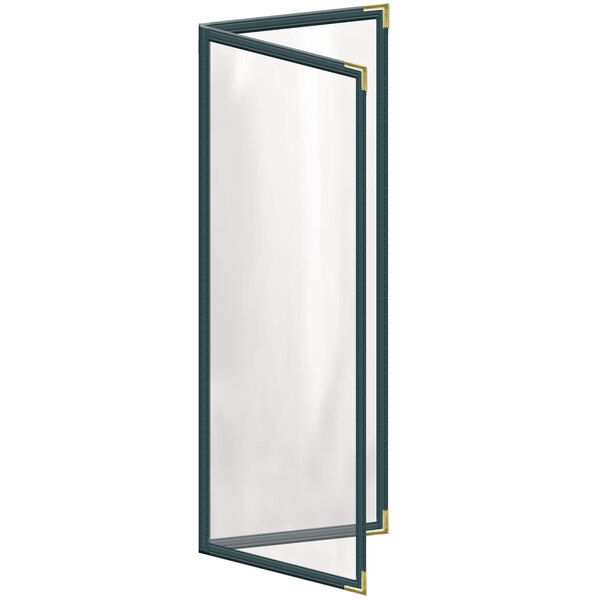A green rectangular menu cover with gold corners on a white background.
