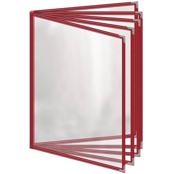 A red H. Risch, Inc. vinyl menu cover with silver decorative corners and a white border with clear plastic pockets.