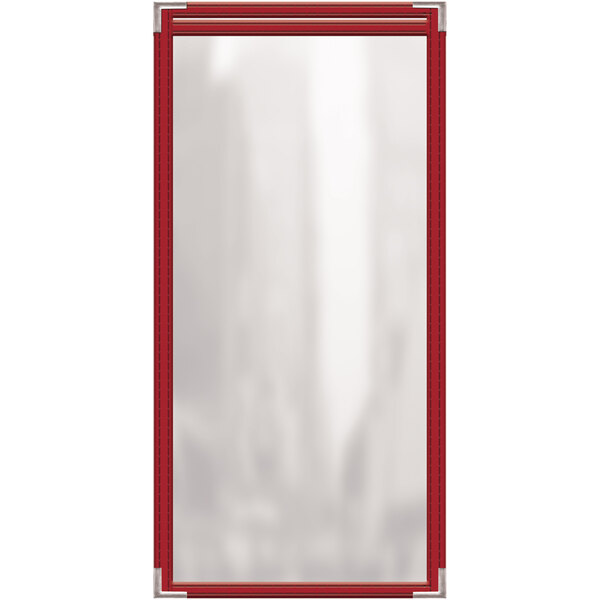 A red rectangular menu cover with white corners and a glossy finish.
