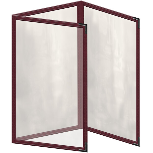 A maroon vinyl menu cover with black smooth corners and 6 clear panels.