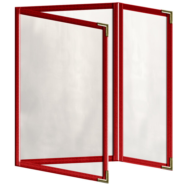 A red rectangular menu cover with a white background and a red frame with gold corners.