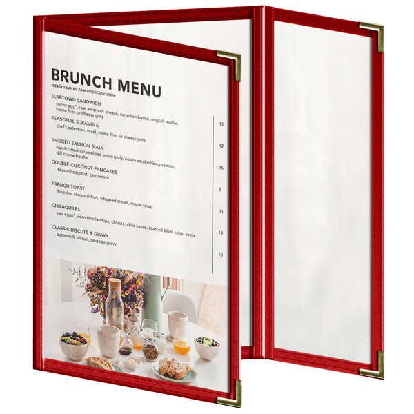 A red menu cover with white trim and a glossy finish with gold corners.